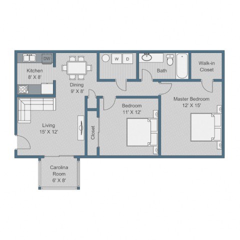 Floor plan for 2 beds, 1 bath, 1035 sqft